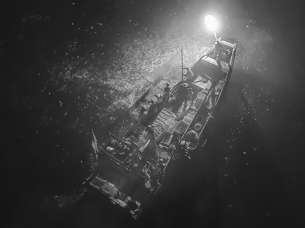 Disappearing fishing boat at night