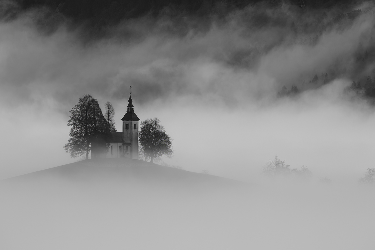 Churches, fog, clouds