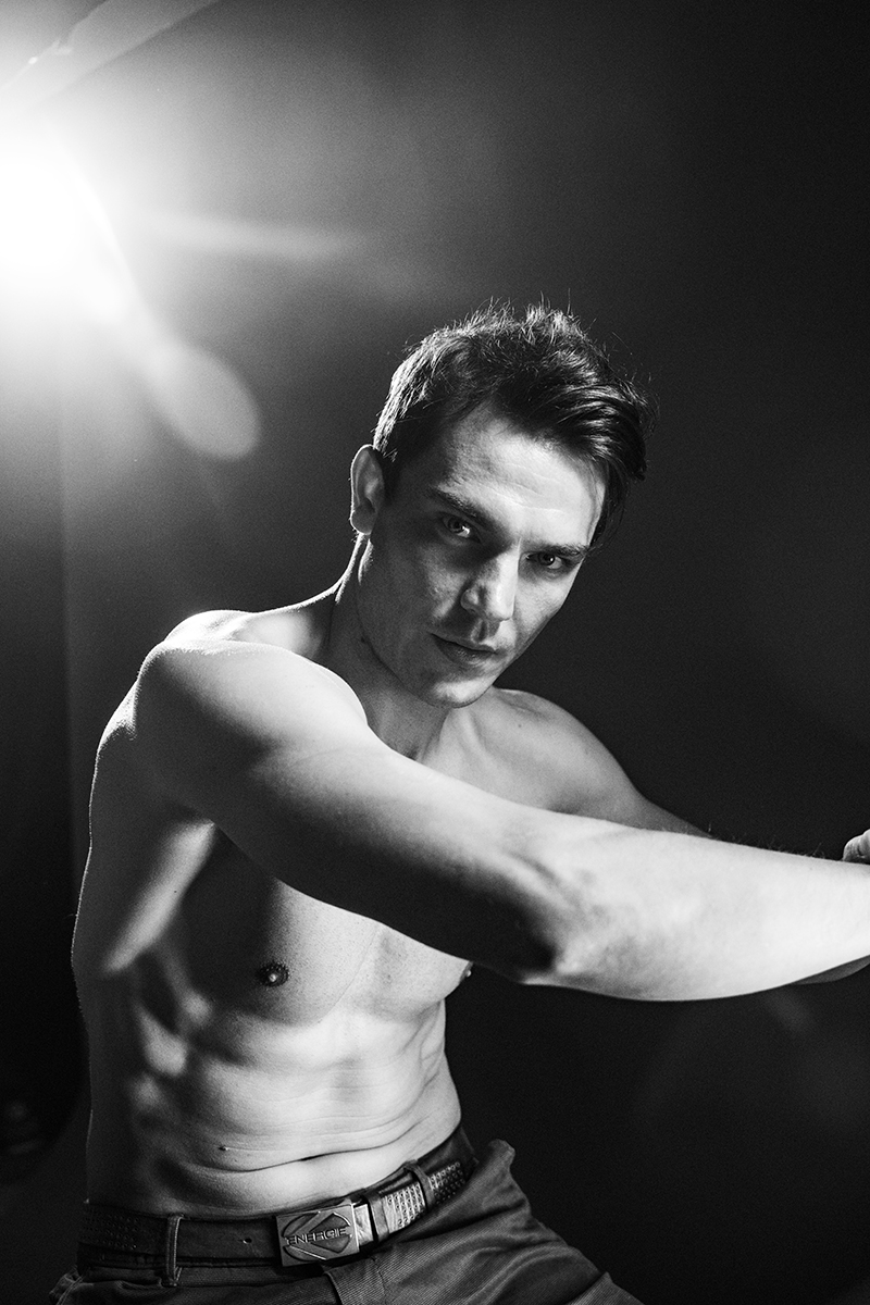 Portraits of male model in my studio in hard light